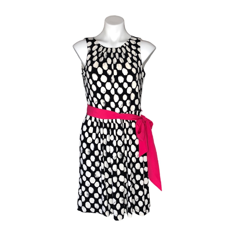 Eliza J Black and White Polka Dot Print Hot Pink Sash Stretch Sleeveless Dress